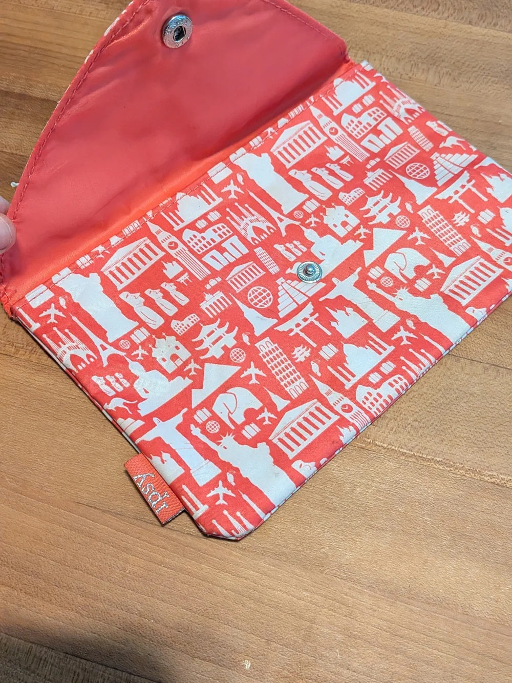 IPSY Coral Red Travel Landmarks Print Envelope Clutch Cosmetic Makeup Bag